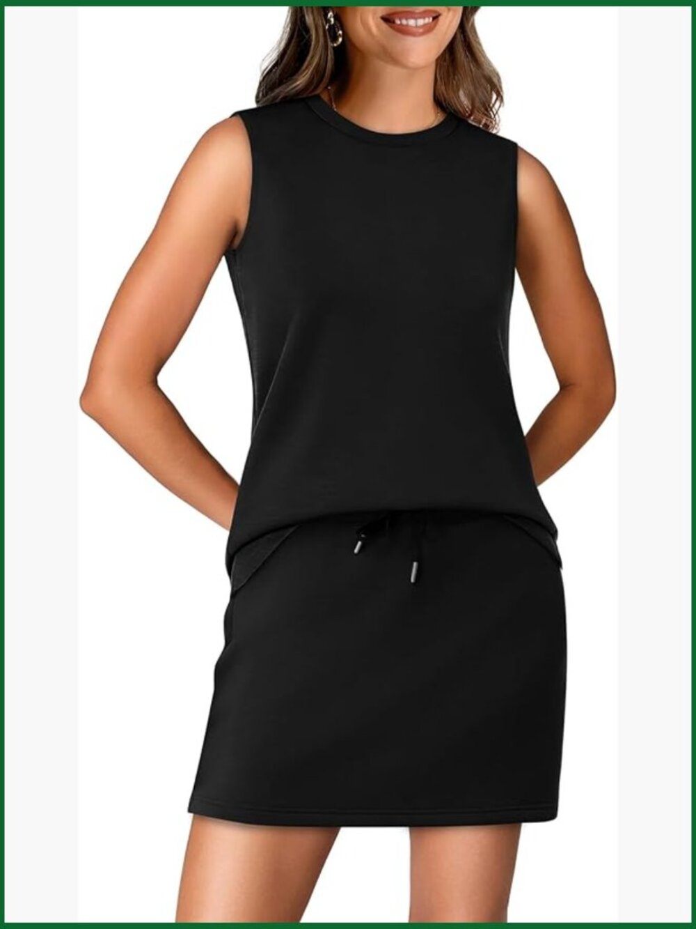 Two Piece Skirt Set - Tennis Skirt with Built-in Shorts, Sleeveless Crewneck Top